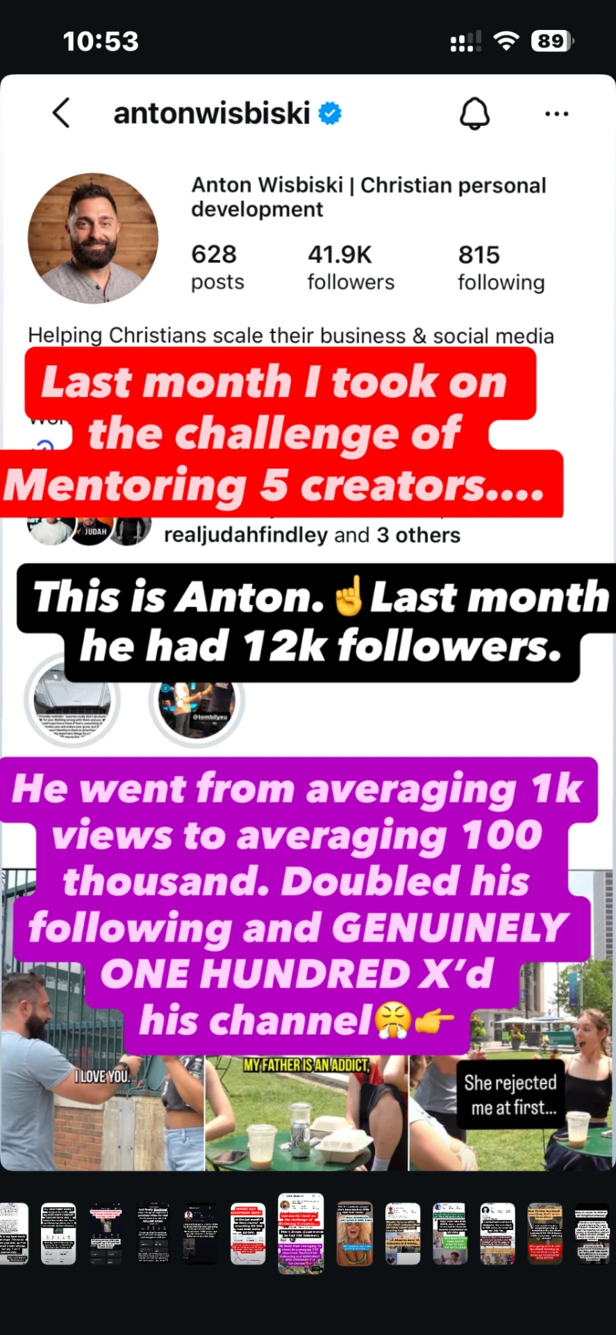 Instagram profile screenshot for @antonwisbiski showing 41.9K followers, with Luke's story text noting 12K followers the previous month and average views moving from about 1K to about 100K.