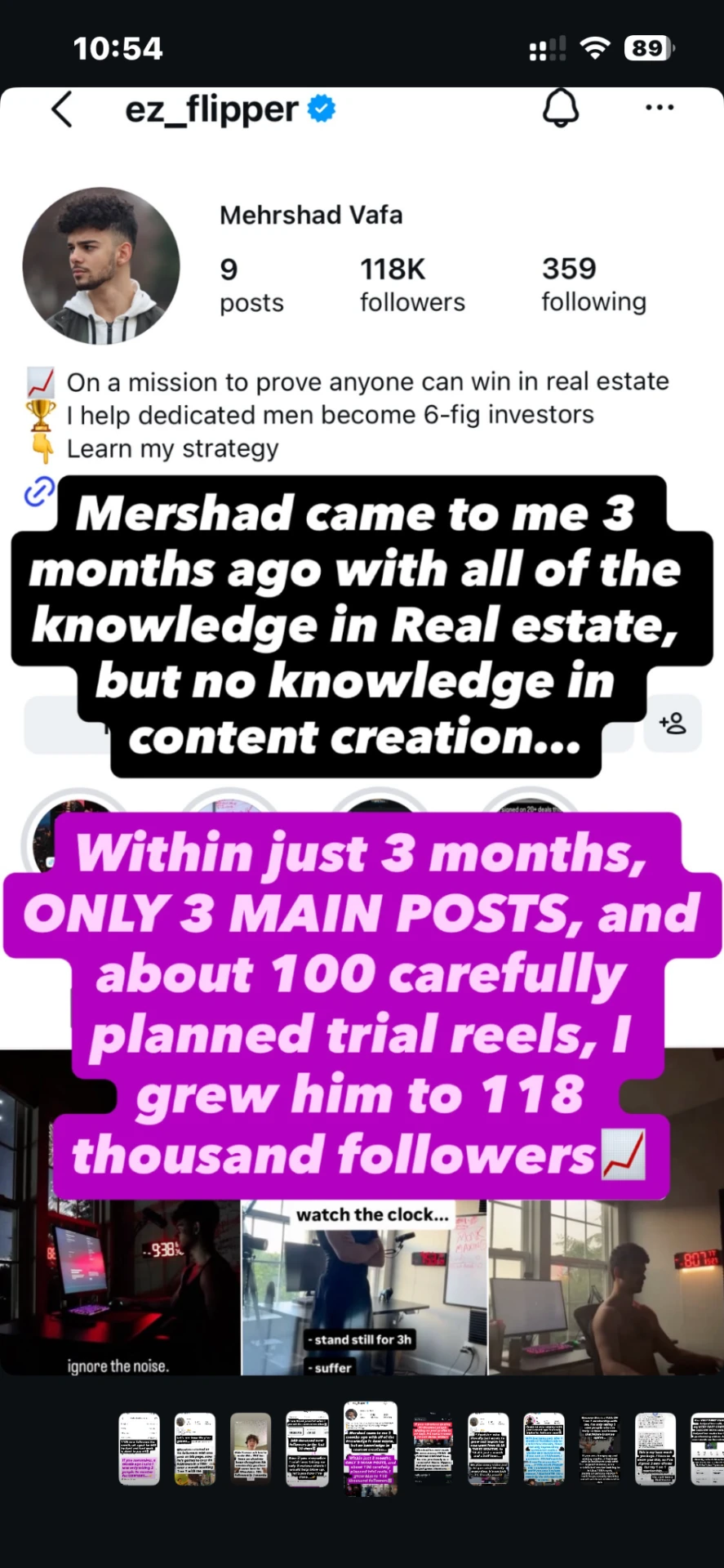 Instagram profile screenshot for @ez_flipper (Mehrshad Vafa) showing 118K followers and 9 posts, with Luke's story text describing three months of work using three main posts and about 100 trial reels.