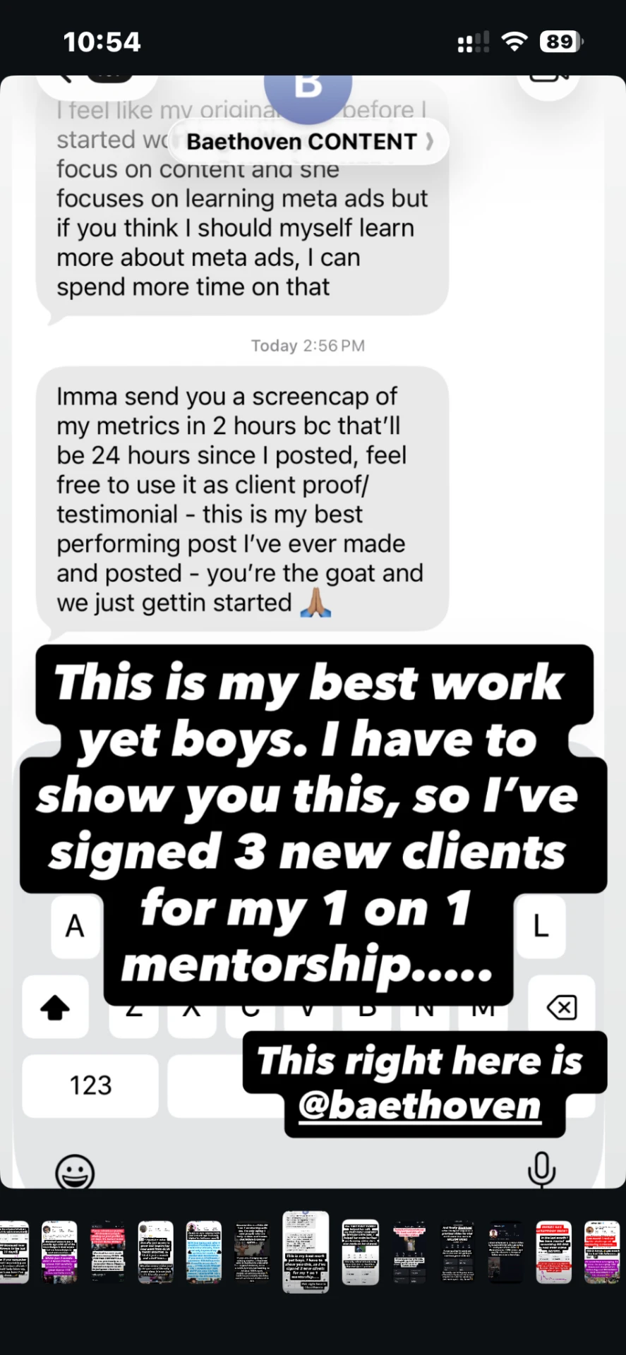 Client message from Melissa describing the post as her best performing post ever and thanking Luke for the work.