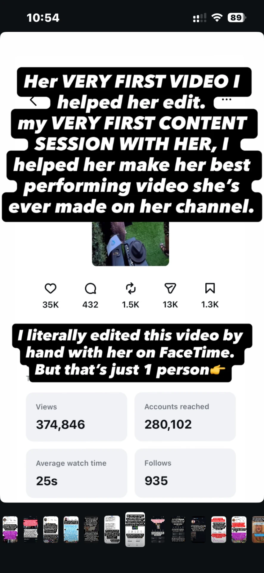 Instagram insights for Melissa's first-session video showing 374,846 views, 280,102 accounts reached, 25 second average watch time, and 935 follows.