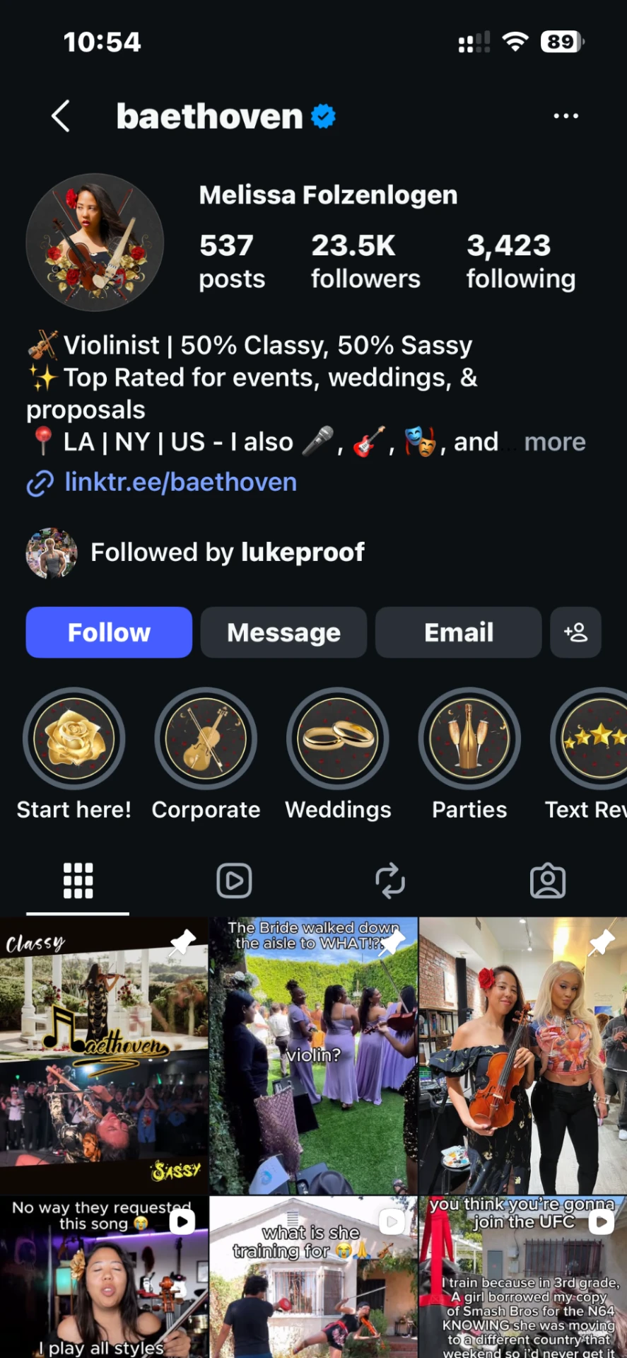 Instagram profile screenshot for @baethoven (Melissa Folzenlogen) showing 23.5K followers and 537 posts.