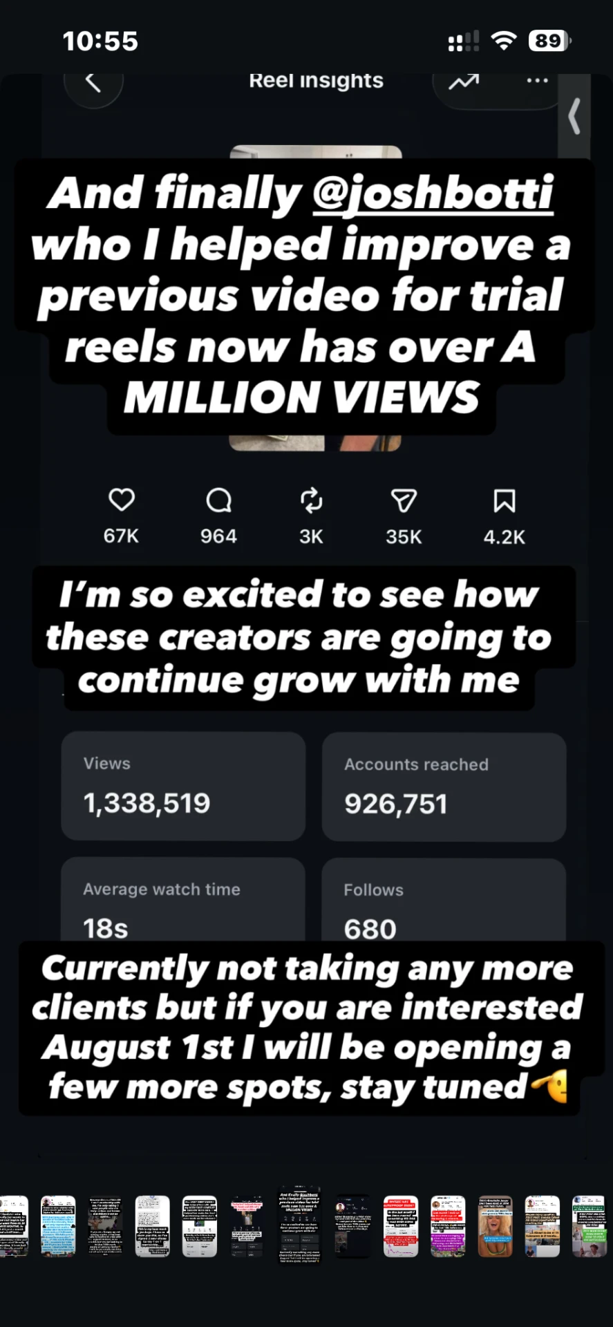 Instagram Reel insights for @joshbotti showing 1,338,519 views, 926,751 accounts reached, 18 second average watch time, and 680 follows.