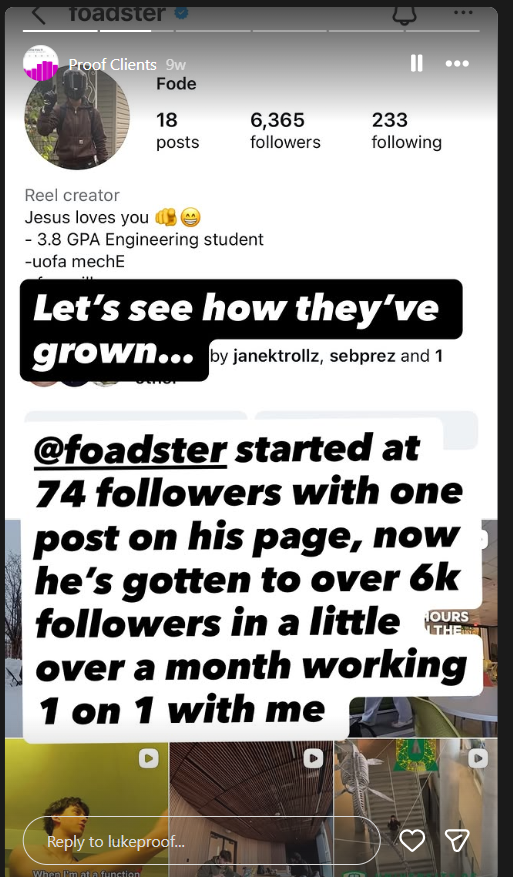 Instagram story: @foadster started at 74 followers with one post, now over 6K followers in a little over a month